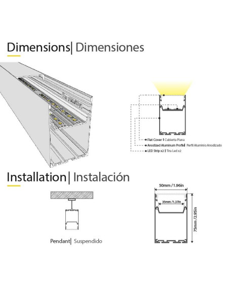 Perfil de Aluminio LINEAR Blanco 75x50mm, Cover Opal, 2m