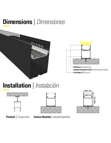 Perfil de Aluminio LINEAR DUO Negro 88x68mm, Cover Opal, 2m