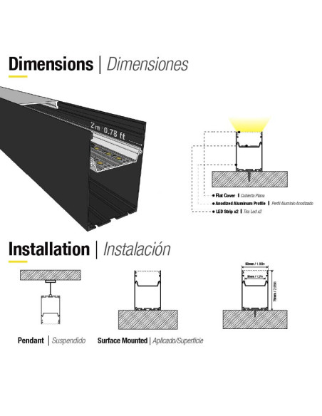 Perfil de Aluminio LINEAR DUO Negro 88x68mm, Cover Opal, 2m