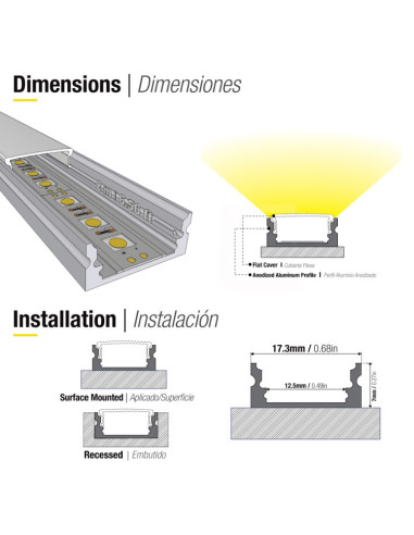 Perfil de Aluminio FLAT 17,3x7mm, Cover Opal, 2m