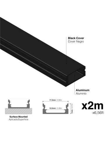 Perfil de Aluminio FLAT Negro 17,3x7mm, Black Cover Opal, 2m
