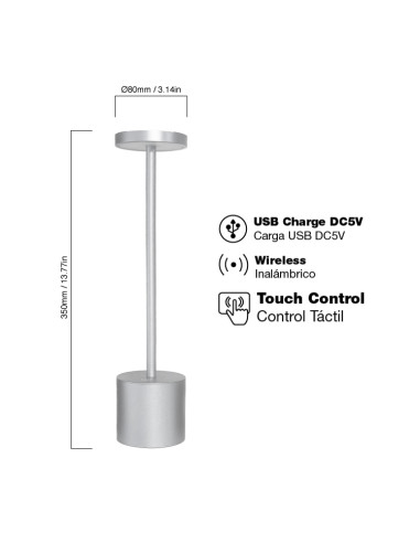 Lámpara de Aluminio Blanco Cálido 3000K 3W Recargable