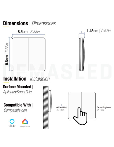 Interruptor cinético inalámbrico Smart House 433MHz, 2 teclas, IP67 + 2 Receptores para Smart Switch Dimerizables