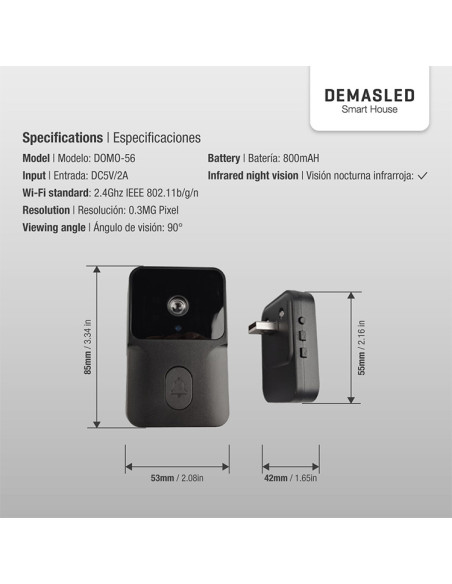 Timbre de Puerta Smart con Cámara 480p, 800mAH