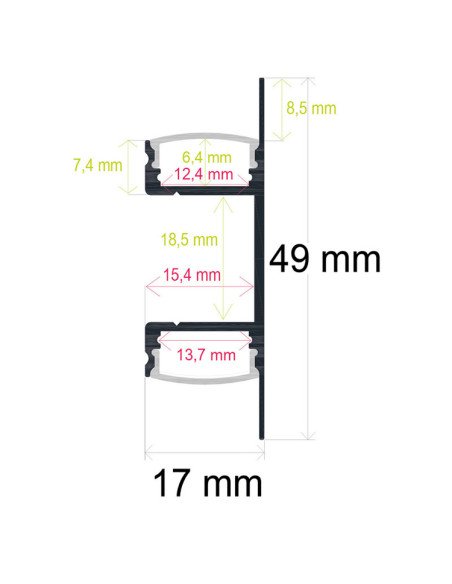 Perfil LED bidireccional de aluminio anodizado negro 49mm x 17mm