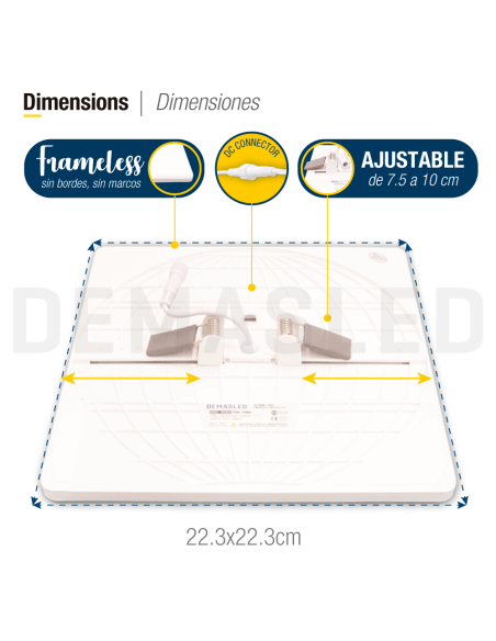 Panel LED cuadrado AJUSTABLE de 22x22cm 24W 2280lm, Empotrar