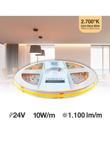 Tira LED COB 24V 10W/m, Blanco superCálido 1100lm/m 480 LEDs/m, 8mm, 5m