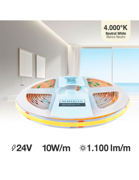 Tira LED COB 24V 10W/m, Blanco superCálido 1100lm/m 480 LEDs/m, 8mm, 5m