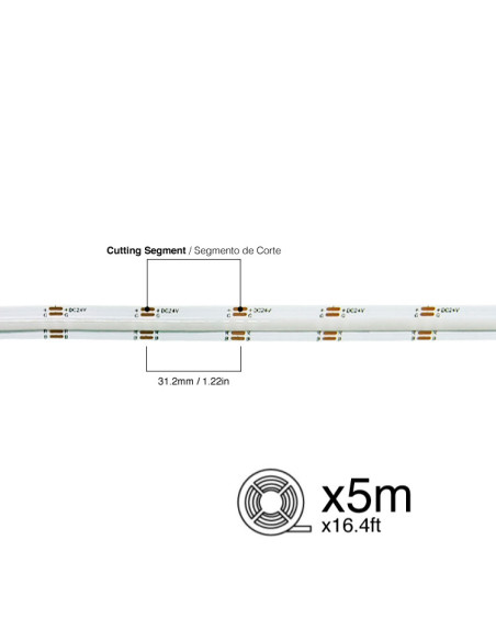 Tira LED COB 24V 14W/m, RGB 400lm/m 576 LEDs/m, 10mm PBC, 5m