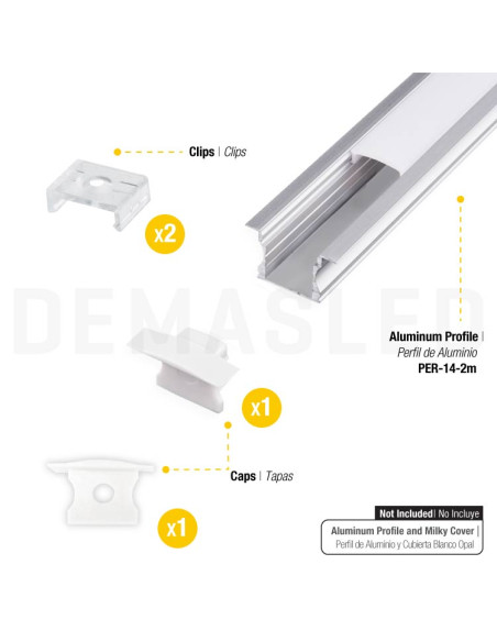 Kit de 2 tapas y 2 clips para perfil de aluminio, PER-14-2m.