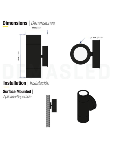 Aplique Exterior BIDIRECCIONAL para GU10 16x6x9cm, 220Vac, Negro