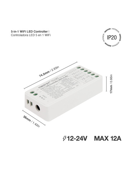 Controlador LED 5 en 1 WiFi 2.4GHz 12A máx. IP20
