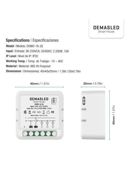 Mini Smart Switch WiFi+RF 3 Canales, 100-240Vac 50-60Hz 10A max 2.4GHz