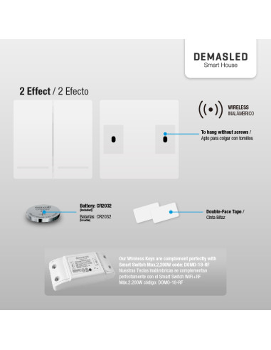 Tecla inalámbrica  RF, 2 Efectos Smart House, Blanco