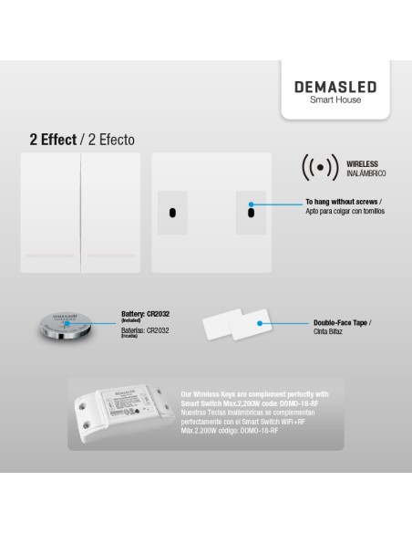 Tecla inalámbrica  RF, 2 Efectos Smart House, Blanco