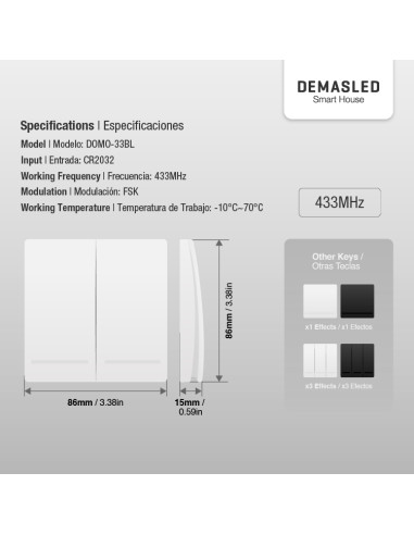 Tecla inalámbrica  RF, 2 Efectos Smart House, Blanco