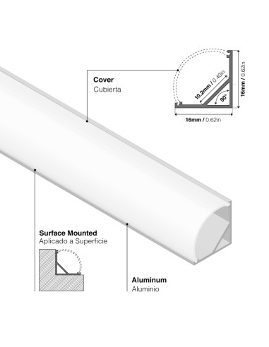 Perfil de Aluminio Esquinero 16x16mm, Cover Curvo Opal Blanco x2m