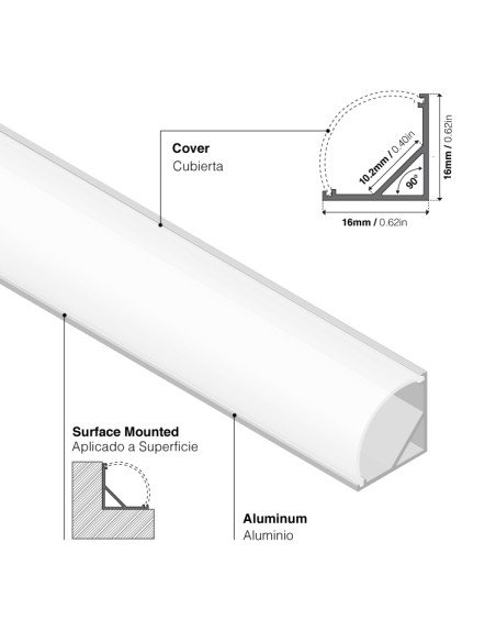 Perfil de Aluminio Esquinero 16x16mm, Cover Curvo Opal Blanco x2m
