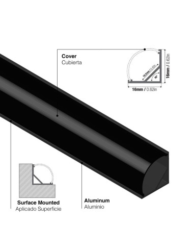 Perfil de Aluminio Esquinero 16x16mm, Cover Curvo Opal Blanco x2m