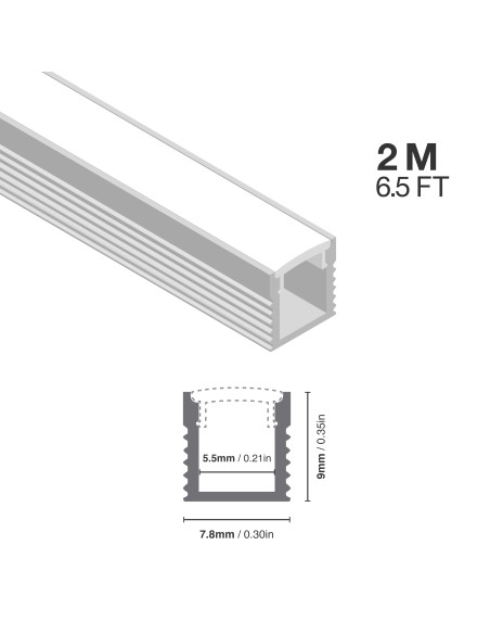 Perfil de Aluminio Mini Linear 7,8x9mm Anodizado, Cover Opal Blanco x 2m