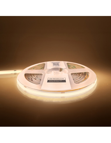 Tira LED COB 24V 11W/m Extra Blanco Cálido 2700K 1000lm/m 480 LEDs/m, 8mm PCB IP65 x5m