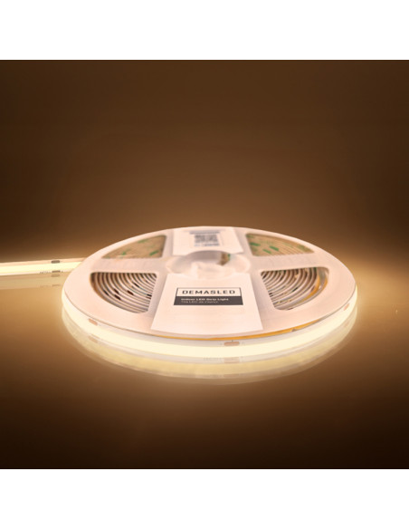 Tira LED COB 24V 11W/m Extra Blanco Cálido 2700K 1000lm/m 480 LEDs/m, 8mm PCB IP65 x5m