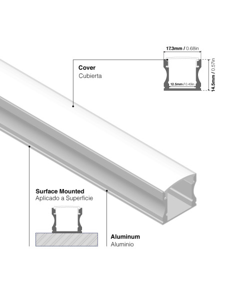 Perfil de Aluminio U 17x14,5mm BLANCO, Cover Opal Blanco x2m
