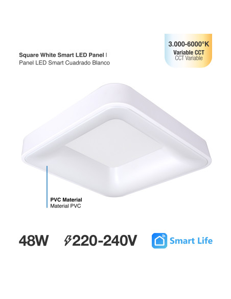 Panel LED Smart Cuadrado Blanco 50x50x9cm 48W 210mA CCT, de Aplicar