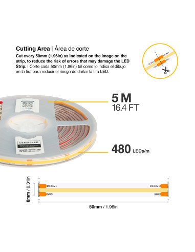Tira LED COB 12V 11W/m 1012lm/m 480 LEDs/m 8mm IP68, 5m