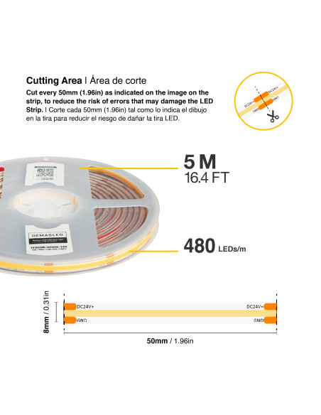 Tira LED COB 12V 11W/m 1012lm/m 480 LEDs/m 8mm IP68, 5m