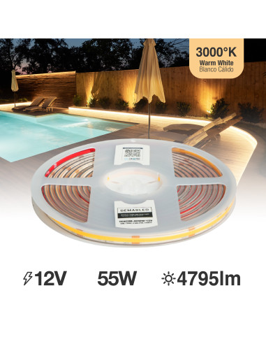 Tira LED COB 12V 11W/m 1012lm/m 480 LEDs/m 8mm IP68, 5m