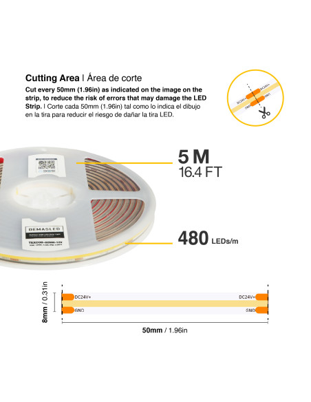 Tira LED COB 12V 11W/m 1012lm/m 480 LEDs/m 8mm IP68, 5m
