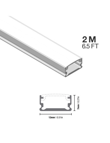Perfil de Aluminio Flat 13x7mm Anodizado, Cover Opal Blanco x2m
