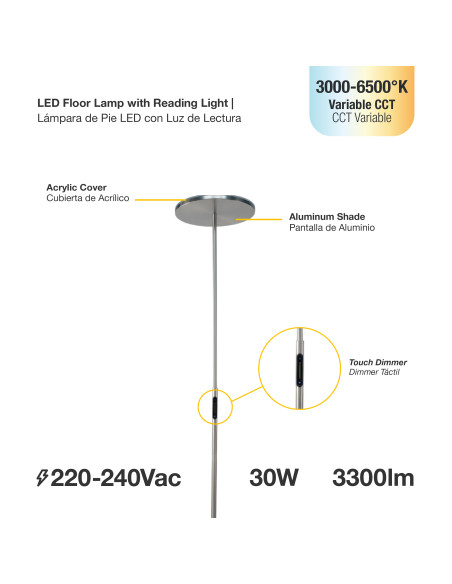 Lámpara de pie LED Dimerizable Ø300x10mm 30W CCT 1800mm