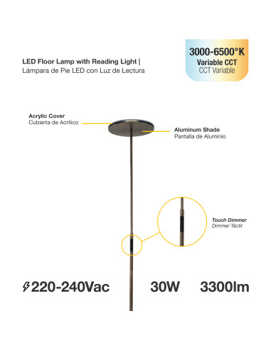 Lámpara de pie LED Dimerizable Ø300x10mm 30W CCT 1800mm