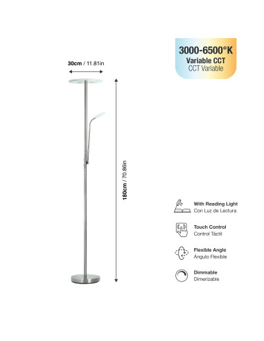 Lámpara de Pie LED con Luz de Lectura Dimerizable Ø300x16mm 28W CCT 1800mm