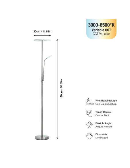Lámpara de Pie LED con Luz de Lectura Dimerizable Ø300x16mm 28W CCT 1800mm