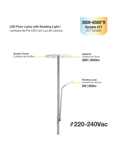 Lámpara de Pie LED con Luz de Lectura Dimerizable Ø300x16mm 28W CCT 1800mm