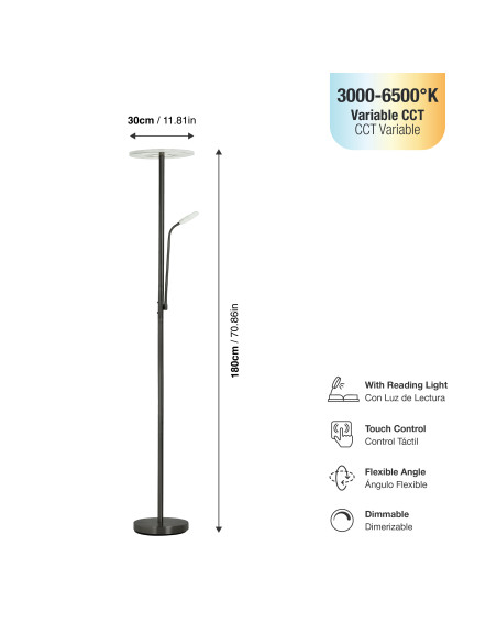 Lámpara de Pie LED con Luz de Lectura Dimerizable Ø300x16mm 28W CCT 1800mm