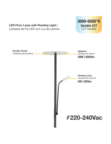 Lámpara de Pie LED con Luz de Lectura Dimerizable Ø300x16mm 28W CCT 1800mm