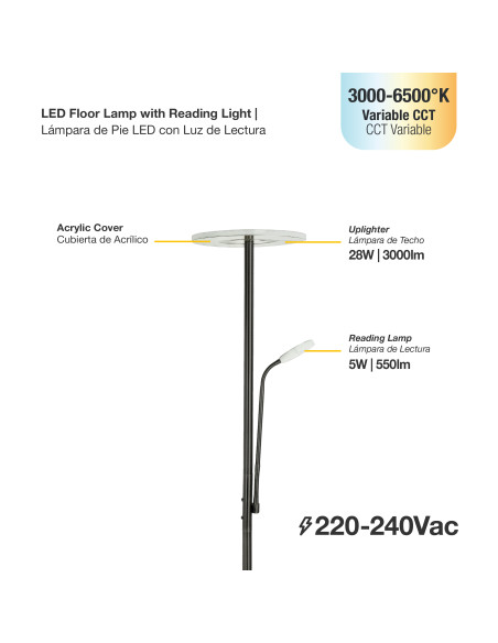 Lámpara de Pie LED con Luz de Lectura Dimerizable Ø300x16mm 28W CCT 1800mm