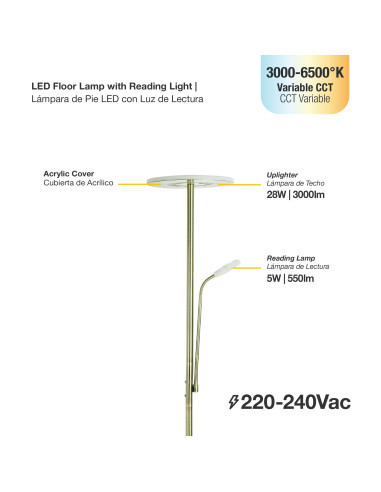 Lámpara de Pie LED con Luz de Lectura Dimerizable Ø300x16mm 28W CCT 1800mm