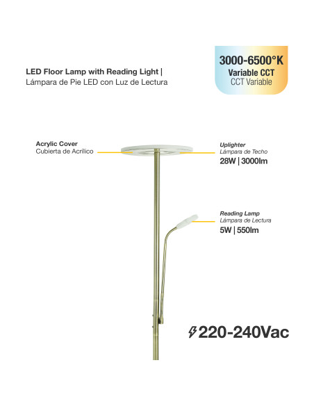 Lámpara de Pie LED con Luz de Lectura Dimerizable Ø300x16mm 28W CCT 1800mm