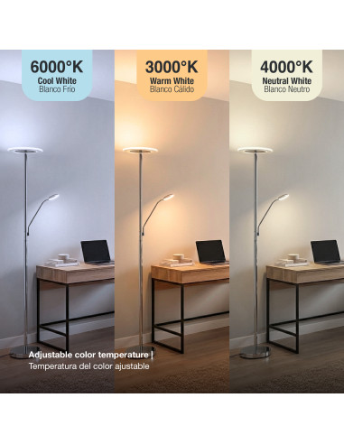 Lámpara de Pie LED con Luz de Lectura Dimerizable Ø300x16mm 28W CCT 1800mm