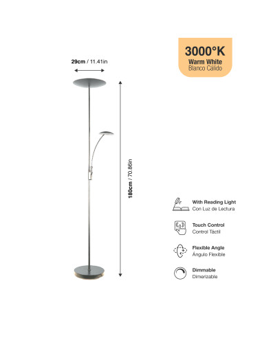 Lámpara de Pie LED con Luz de Lectura Dimerizable Ø290x30mm 25W Blanco Cálido 3000K 1800mm