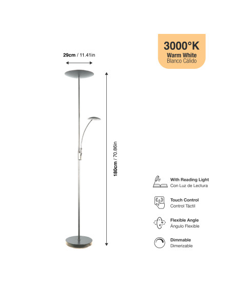 Lámpara de Pie LED con Luz de Lectura Dimerizable Ø290x30mm 25W Blanco Cálido 3000K 1800mm