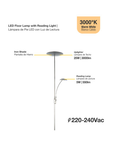 Lámpara de Pie LED con Luz de Lectura Dimerizable Ø290x30mm 25W Blanco Cálido 3000K 1800mm