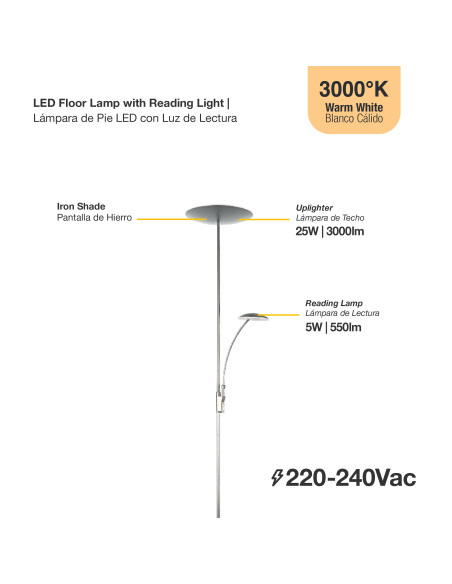 Lámpara de Pie LED con Luz de Lectura Dimerizable Ø290x30mm 25W Blanco Cálido 3000K 1800mm