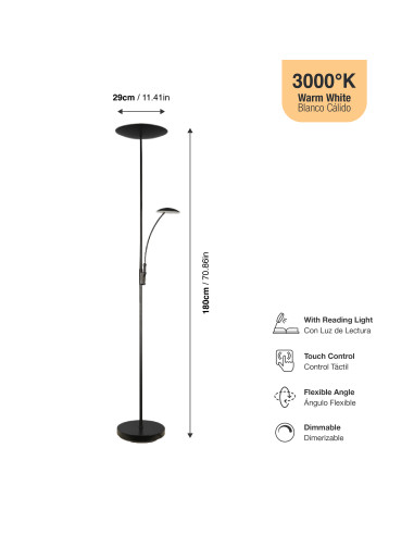 Lámpara de Pie LED con Luz de Lectura Dimerizable Ø290x30mm 25W Blanco Cálido 3000K 1800mm