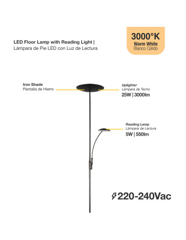 Lámpara de Pie LED con Luz de Lectura Dimerizable Ø290x30mm 25W Blanco Cálido 3000K 1800mm